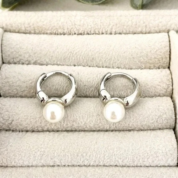 925 Sterling Silver Pearl Huggie Earrings Small Huggie Hoop Earrings - Picture 4 of 8
